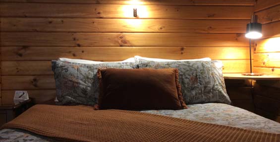 a queen-size bed and kitchenette in the chalet